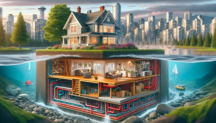 Crawl Space Drainage Services in Yaletown Vancouver: A cross-sectional view showcasing an advanced drainage system effectively removing excess water from a home’s crawl space.