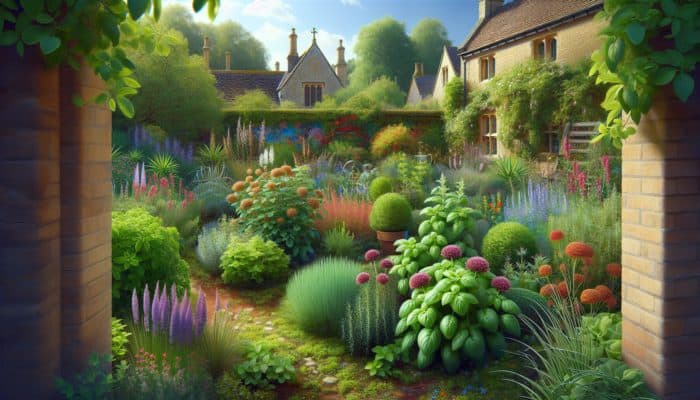 How to Choose Herbs for Beginners: A vibrant UK garden with basil, rosemary, thyme, chives, mint, parsley, sage, and oregano plants.