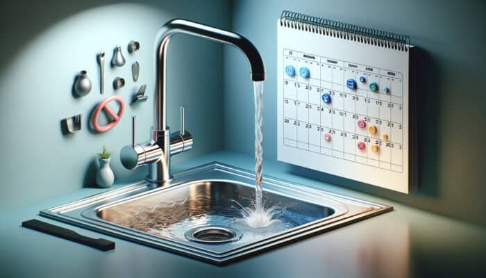 Drain Cleaning Services in Burnaby: A modern kitchen sink showcasing clear water flow, with a calendar indicating regular drain cleaning for health and savings.