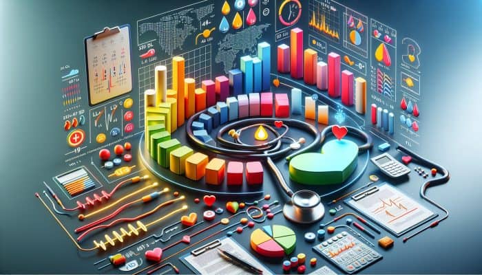 Cholesterol Blood Test in Kempston: Chart showing LDL, HDL, and triglyceride levels with graphs and pie charts, heart and stethoscope icons.