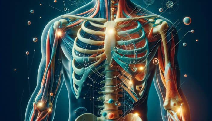 Collagen Bioavailability Studies: Anatomical illustration of collagen's role in skin, bones, tendons, ligaments, showing different types color-coded.