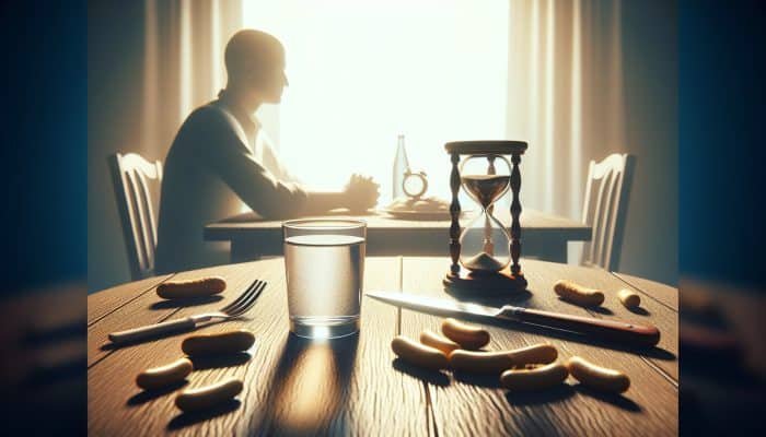 Person fasting for cholesterol test, sitting with water, clock showing early morning, empty containers nearby.