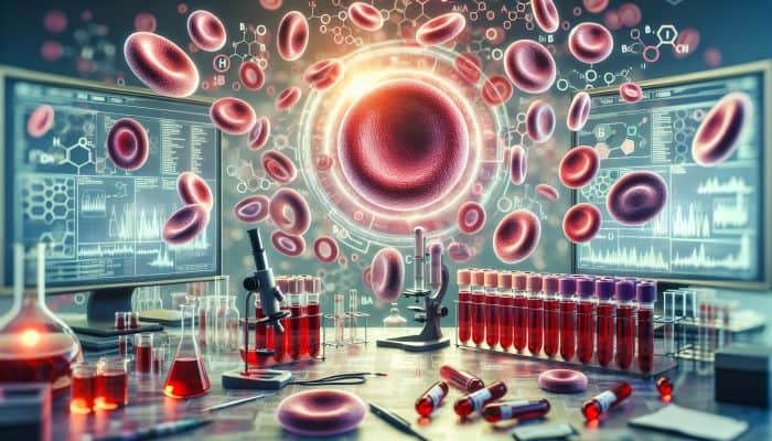 Blood Grouping Test in Biggleswade: Close-up of red blood cells with A, B, AB, O antigens, medical lab background with test tubes and blood typing chart.