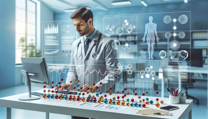 A healthcare provider analyzing mineral blood test results on a computer, comparing trends to normal ranges using a graph.