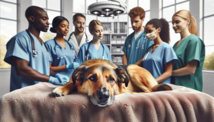 A female dog resting after spay surgery in a vet clinic, surrounded by caring staff.
