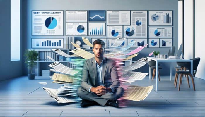 Debt Consolidation and Credit Utilisation Hacks: Person relieved as multiple colorful debt papers merge into one clear document in a modern office, symbolizing debt consolidation.