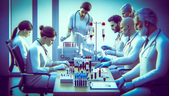Illustration of FBC test in Chadderton clinic, professionals analyzing results for early detection of anaemia and infections.