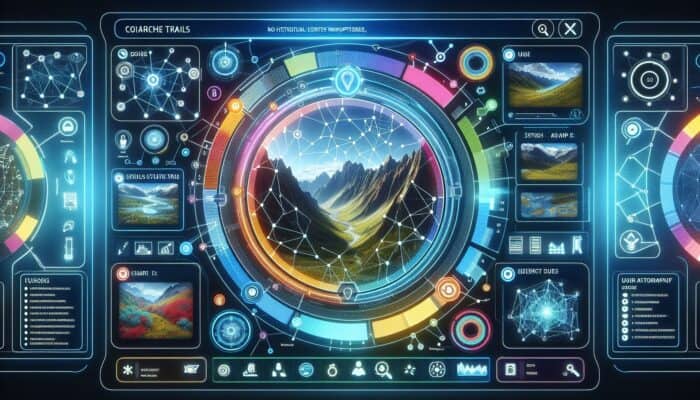 Optimizing Content for Semantic Search: A futuristic search engine interface with holographic displays showing interconnected nodes and user queries about hiking trails.