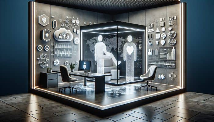 A futuristic home office setup with a large screen showing a doctor-patient video consultation, surrounded by digital health devices and mobile apps, improving remote healthcare access.