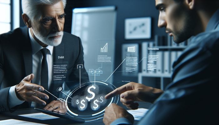 A financial advisor pointing at a graph on a tablet, discussing debt consolidation fees with a client.