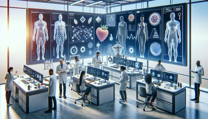 A modern lab with advanced equipment for precise food intolerance testing, showing diverse people receiving personalized dietary advice.