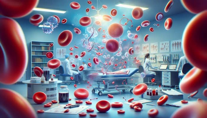 Full Blood Count in Farnworth: Illustration of a full blood count showing red and white blood cells, and platelets on a clinical background.