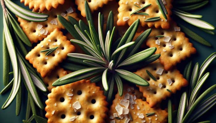 How to Use Herbs in Snacks: Rosemary-infused crisps and crackers with vibrant green leaves, enhancing flavor with a pine-like aroma.