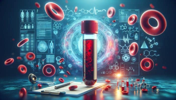 Ferritin Blood Test in Droylsden: Illustration of ferritin blood test with blood vial, ferritin proteins, red blood cells, and iron storage in clinical setting.