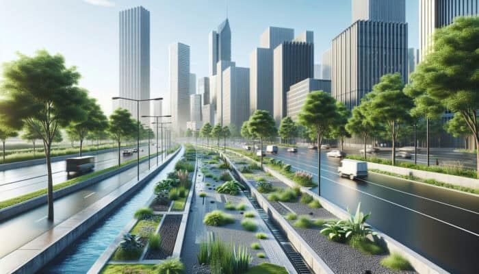 A modern urban scene in New Westminster showcasing permeable concrete, smart drainage systems, and green infrastructure.