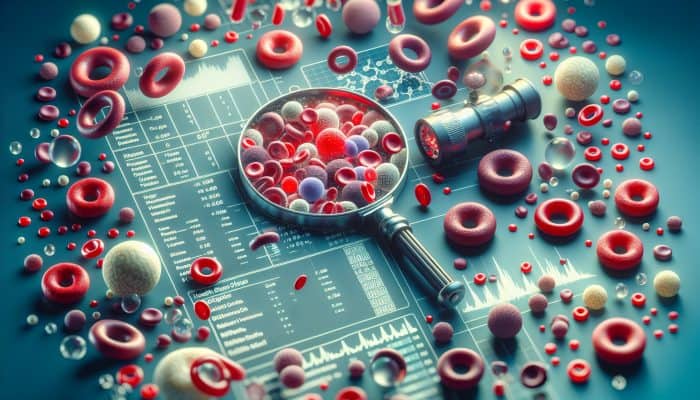 Full Blood Count in Radcliffe: Illustration of full blood count analysis with RBCs, WBCs, platelets, and health status chart.