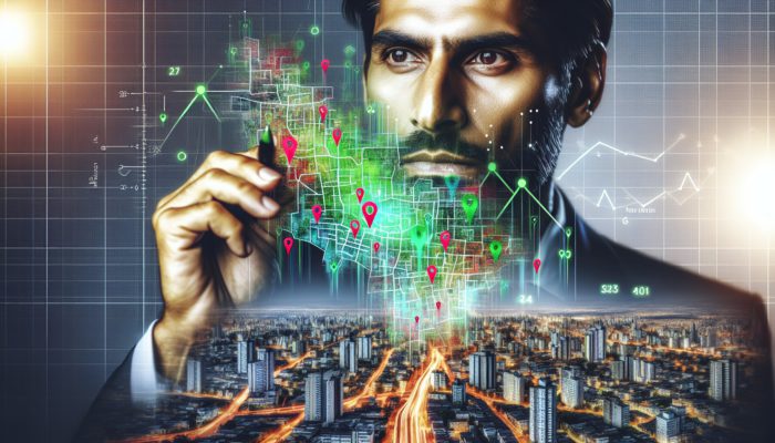 A first-time buyer studying a Pietermaritzburg property market map with growth and decline areas highlighted.