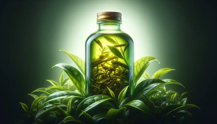 Green Tea Extract For Fat Burning: A glass bottle of green tea extract with fresh leaves, highlighting polyphenols and catechins.