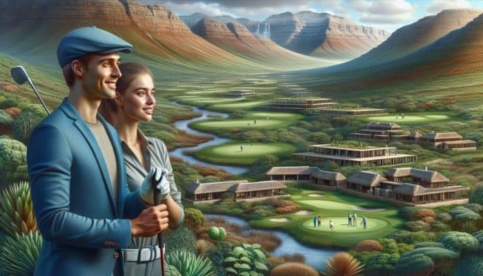 Top Golf Resorts for Couples: A couple playing golf in South Africa's varied landscapes, from lush Garden Route to stark Karoo, with luxury resorts.