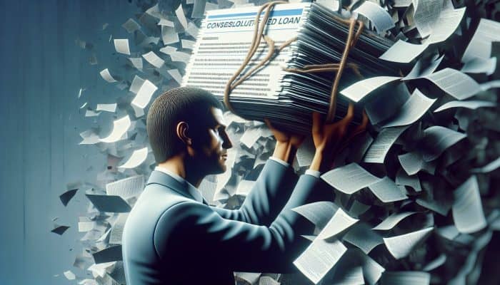 Can Anyone Get a Debt Consolidation Loan: A person relieved, holding a simplified loan document, surrounded by chaotic debt papers, symbolizing debt consolidation.
