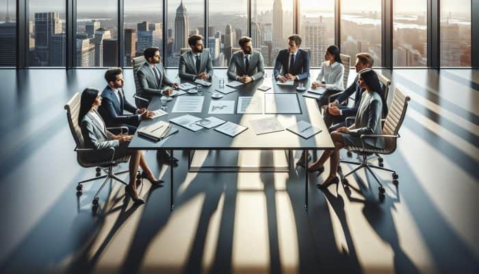 A diverse group of financial experts discussing loan accessibility at a modern conference table with city skyline view.