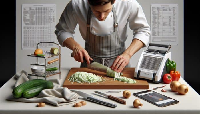 A chef slices thin vegetables with a knife and mandoline on a cutting board, using a peeler and towel.