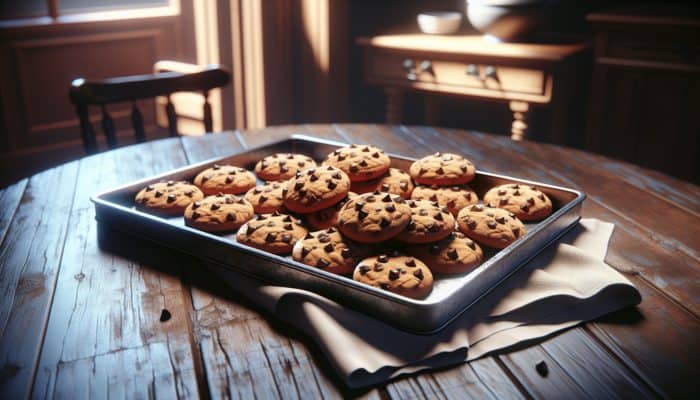 Chocolate chip cookies on a wooden table, golden-brown edges, soft centers, warm kitchen background.