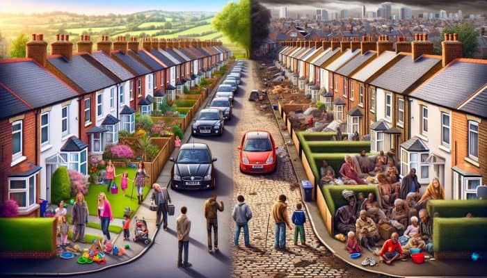 A contrast in UK neighborhoods showing affluent and deprived areas, highlighting socioeconomic mental health disparities.