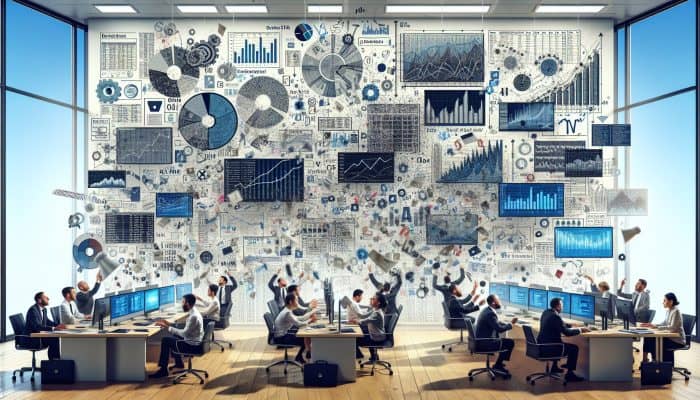 How to Recover from Consolidation Mistakes: A chaotic office with mismatched data charts, frustrated workers trying to synchronize financial records on screens.