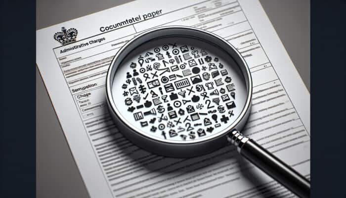 Hidden Cost Pitfalls in UK Clearances: A magnifying glass over a UK clearance document revealing hidden costs like administrative charges, taxes, and compliance fees.