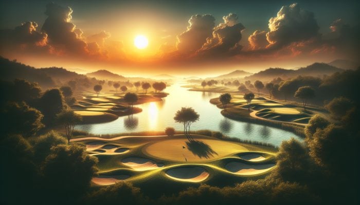 Scenic golf course at sunset showcasing four signature holes with unique challenges and views.