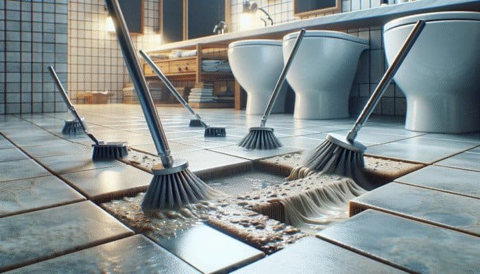 Set of nylon bristle brushes cleaning grout in a modern bathroom.