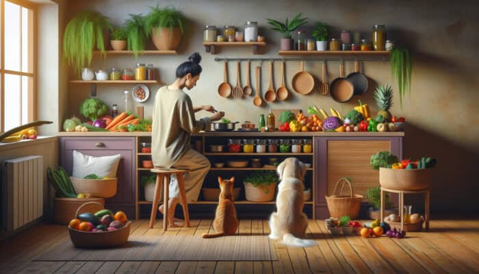 A pet owner in a cozy kitchen preparing a nutritious, cost-effective meal for their dog and cat with fresh ingredients.