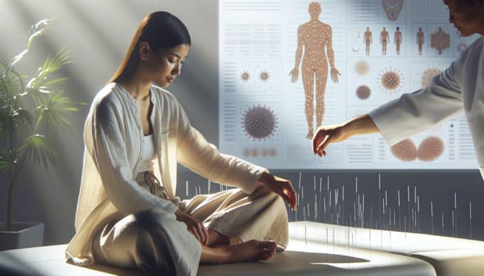 A serene individual dressed in loose, comfortable attire during an acupuncture session surrounded by needles on accessible points.