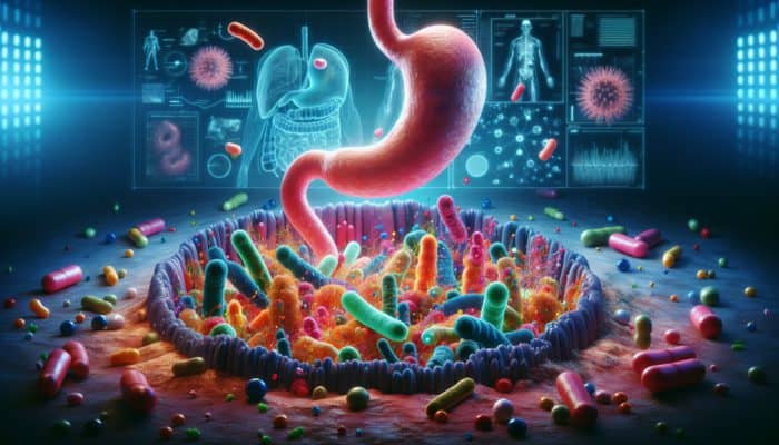 Best Probiotic Supplements Ranked: A vibrant, surreal depiction of diverse probiotic bacteria and yeasts enhancing gut health.