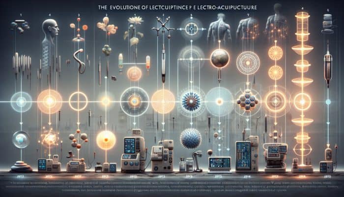 Advanced Electroacupuncture Techniques: Timeline of electroacupuncture evolution in the UK, highlighting key milestones and technological integration.