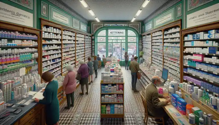 Latex Gloves in Kettering: A busy Kettering pharmacy with shelves of latex gloves, customers browsing, and a blend of modern and traditional decor.