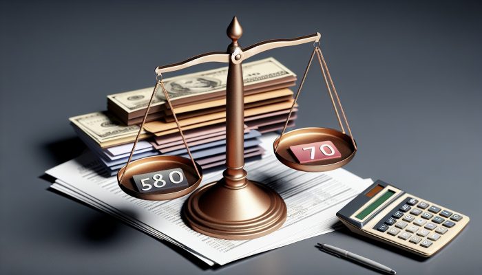 Credit score scale from 300 to 850, highlighting 580 and 700, with UK financial documents and calculator.