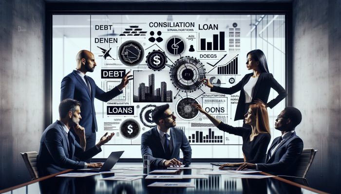 A group of professionals discussing debt consolidation loan qualifications in a conference room with visual aids.