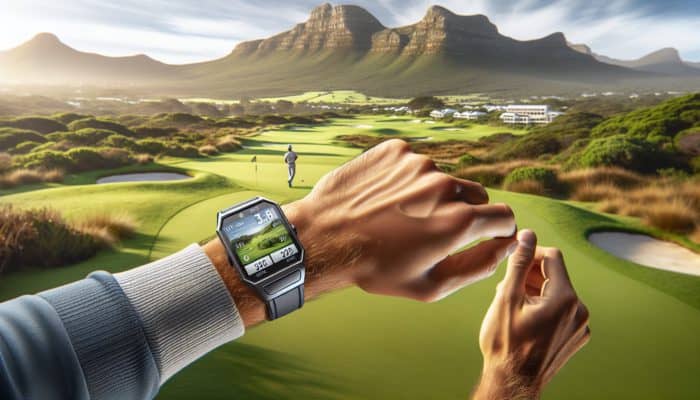 A golfer with a Garmin GPS watch on a South African course, showcasing device details amidst greenery.