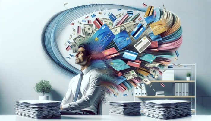 Why Debt Consolidation Might Be Your First Move: Person relieved as multiple colorful credit cards and bills merge into one clear loan document in a modern office.