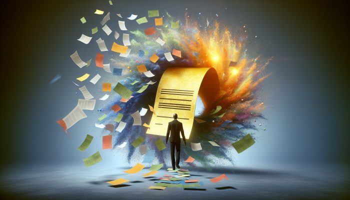 A person merges multiple colorful debt papers into one glowing loan document, symbolizing debt consolidation.