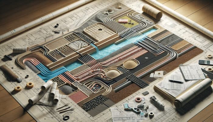 Blueprint showcasing the key components of a perimeter drainage system, including pipes, gravel, and fabric layers.