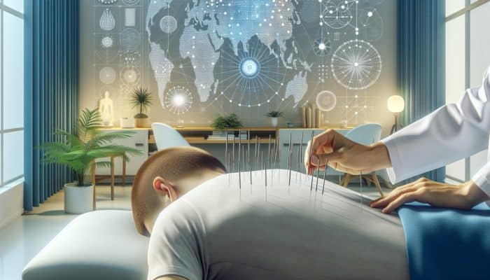 Improving Focus With Acupuncture: A serene acupuncture session in a modern UK clinic with needles on a patient's back, enhancing energy flow.