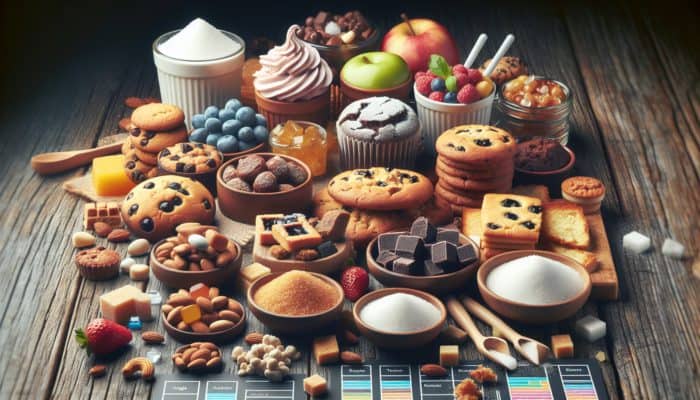 An assortment of sugar-free cookies, cakes, and muffins with natural sweeteners on a rustic wooden table.