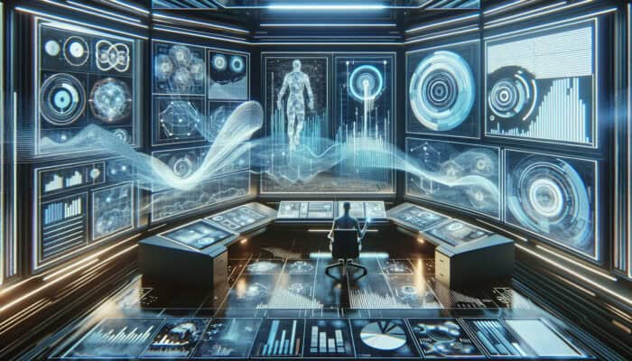A futuristic control room with a virtual assistant analyzing data visualizations and strategic planning charts.