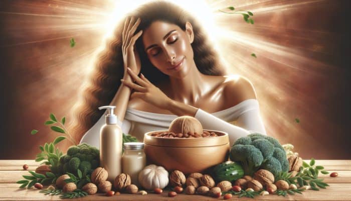 A serene mother massaging her scalp with oils, surrounded by nourishing foods and gentle hair care products.