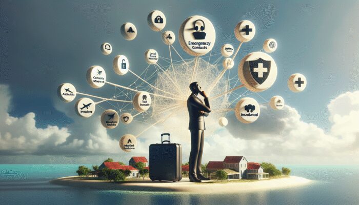 A traveler in Alaia Belize reviewing emergency contacts, safety measures, and travel insurance documents, with a map showing nearby medical facilities.