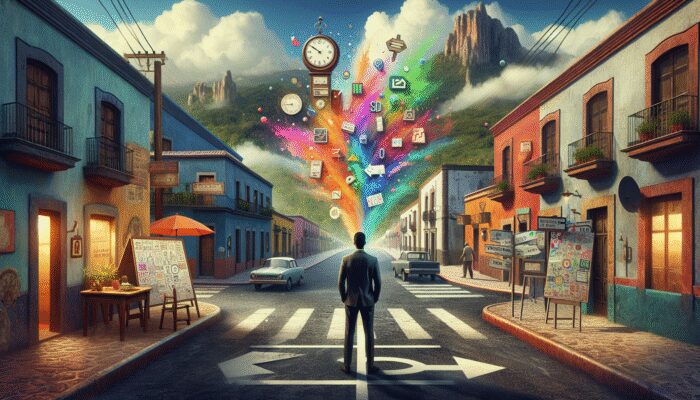 A person at a crossroads in San Miguel de Allende, contemplating change, with symbols of time.