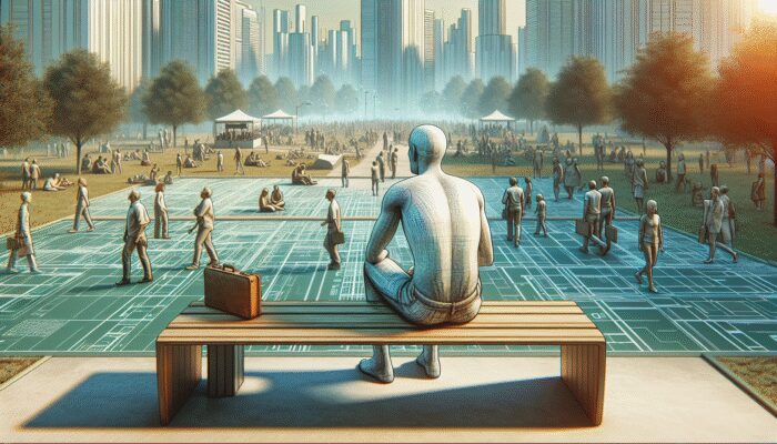 A person on a bench in a new park, wistfully watching a community event, seeking new connections.